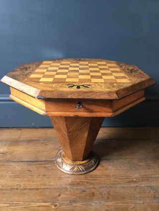 Antique Vintage Inlaid Trumpet Sewing Table Chessboard Top Game Table Side Table