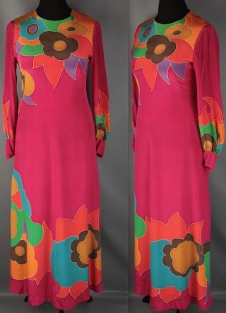Vtg 60s 70s Nane Magenta Floral Color Block Maxi Dress 2325 1960s 1970s