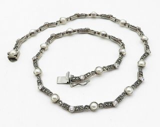 JUDITH JACK 925 Silver - Vintage Pearl CZ & Marcasite Tennis Necklace - N1924 3