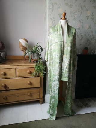 Vintage Pale Green Flower Pattern Japanese Kimono Night Gown Nightdress Silk