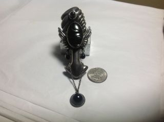 Vintage Huge Mexican Carved Black Onyx Ladies Face Sterling Silver Brooch/pin