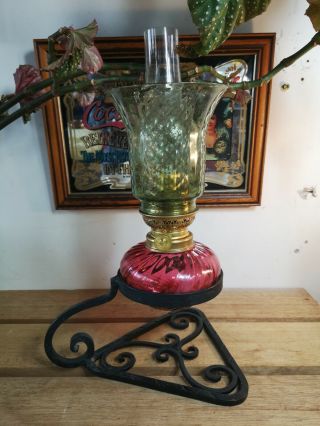 Unique Vintage Antique Cranberry Glass Oil Lamp & Cast Iron Stand