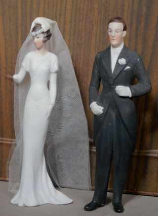 2 Antique Hertwig Germany Bisque Porcelain Bride Groom Wedding Cake Topper 5