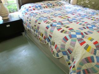 Vintage All Cotton Hand Pieced & Quilted WEDDING RING Quilt; 85 