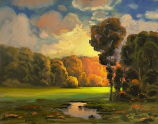 Oil Painting Landscape Vintage Antique Impressionist Autumn Sunset Red Max Cole