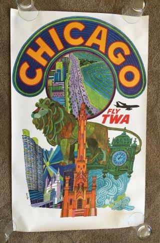 David Klein,  TWA Chicago Travel Poster,  1960 ' s.  Spectacular & Rare.  40 x 25 in 9