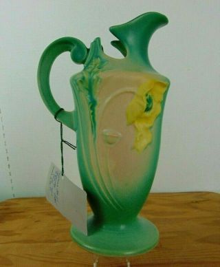 Vintage Roseville Pottery Poppy Ewer Handled Pitcher 876 - 10 " Green