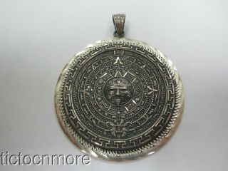 Vintage Taxco Mexico Signed Sterling Silver Mayan Calendar Pendant Large 2oz