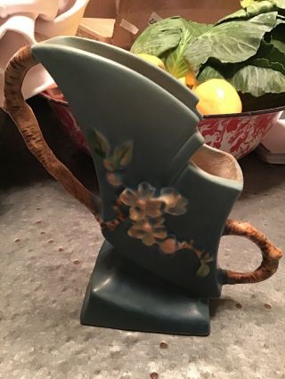 Vintage Roseville Art Pottery Blue Apple Blossom Vase 373 - 7 - 7 " Tall