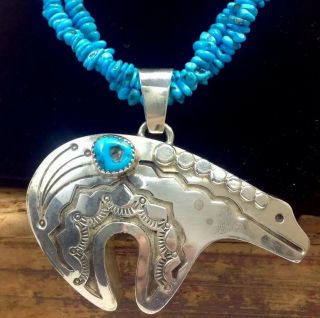 Vintage Jerry Roan Navajo Sterling Silver Turquoise Bear Pendant Necklace (e41)