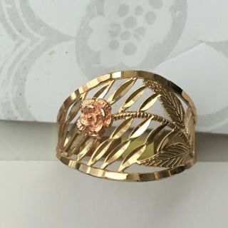 Lovely Vintage 10 K Gold Filigree Ring With Pink Rose.  Size 7 ¾,  Approx 1.  4 G