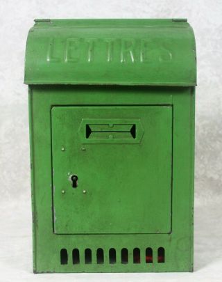 Vintage Galvanized Metal Green Painted French Mailbox Post Lettres Box With Key