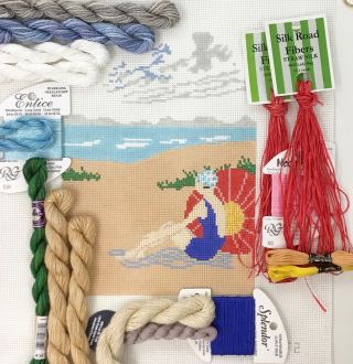 Handpainted Needlepoint Canvas Kit Plum Stitchery Vintage Woman Beach Bather