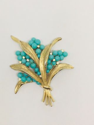 Vintage Brooch Pin Signed Trifari Flower Blue Bead Rhinestone Jewelry Tlc 2.  5”