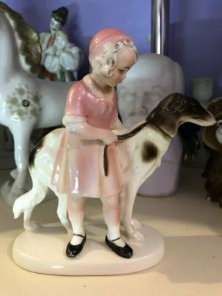Borzoi Russian Wolfhound Greyhound And Girl German Porcelain Figurine Vntg 1098c