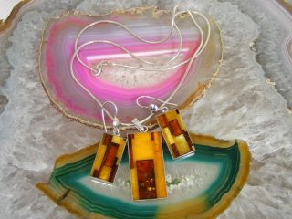 Vintage Sterling Silver Baltic Amber Mosaic Inlay Necklace & Earring Set