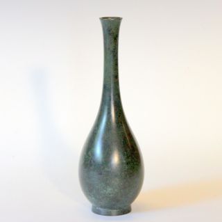 Vintage Bronze Japanese Dark Greenish Patinated Verdigris Long Neck Bottle Vase
