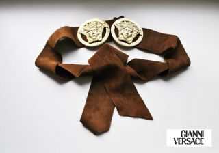 Gianni Versace True Vintage Medusa Belt Suede Leather Gold Supermodel Brown