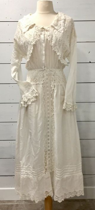 Vintage Edwardian Antique Long Dress Ivory Batiste Cotton Lace Sz S