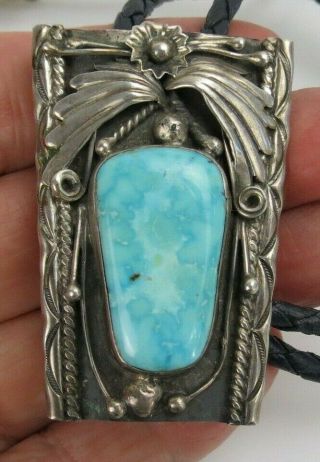 Vtg Sterling Silver Native American Bolo Tie Classic Navajo Old Pawn Turquoise