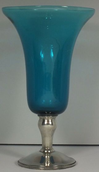 Vintage Trumpet Teal Blue Glass Vase Gorham Sterling Silver 1444 Base