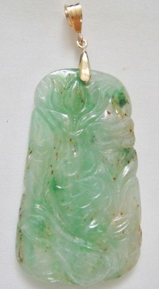 Vintage Natural Jadeite Old Apple Green Jade Carving Pendant - 14k Solid Gold Bail
