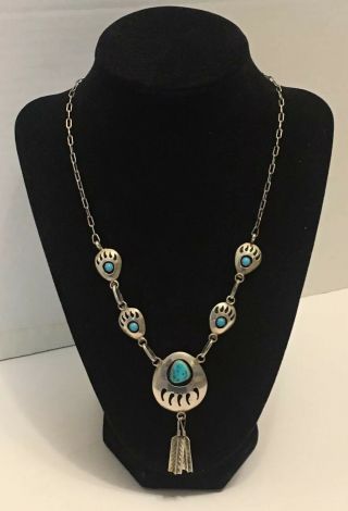 Southwestern Bear Paw Shadowbox Sterling Silver & Turquoise Necklace Marked M