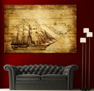 Canvas Home Wall Art Print Sail Ship Map Decor Vintage Boat Picture Prints