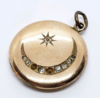 Antique Signed W&h Co.  Victorian Gold - Filled Crescent Moon & Star Locket Pendant