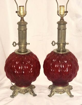 Gorgeous Vintage 28” Matching Pair Brass Lamps W/red Quilted Glass Ball Centers