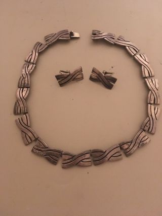 Vintage Art Deco Taxco Mexico Sterling 16 " Necklace And Earrings Set