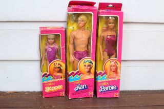 Vintage Malibu Barbie Ken And Skipper Boxed 1981 Dolls X3 Set Mattel