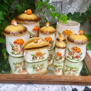 8 Pc Set Vintage Merry Mushroom Toadstool Ceramic Canisters S&p Sears & Roebuck