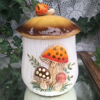 8 pc Set Vintage Merry Mushroom Toadstool Ceramic Canisters S&P Sears & Roebuck 2