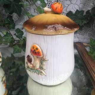 8 pc Set Vintage Merry Mushroom Toadstool Ceramic Canisters S&P Sears & Roebuck 3