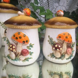 8 pc Set Vintage Merry Mushroom Toadstool Ceramic Canisters S&P Sears & Roebuck 4