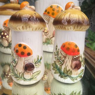 8 pc Set Vintage Merry Mushroom Toadstool Ceramic Canisters S&P Sears & Roebuck 6