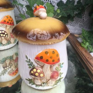 8 pc Set Vintage Merry Mushroom Toadstool Ceramic Canisters S&P Sears & Roebuck 7