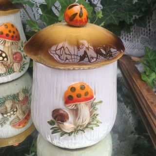 8 pc Set Vintage Merry Mushroom Toadstool Ceramic Canisters S&P Sears & Roebuck 8