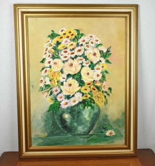 Vintage Framed Oil Painting On Wood Flowers In Vase Signed Marcy 18x24
