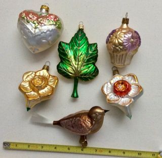 Vtg Variety Of 6 X Christmas Mouth Blown Hand Painted Glass Ornaments,  Germany