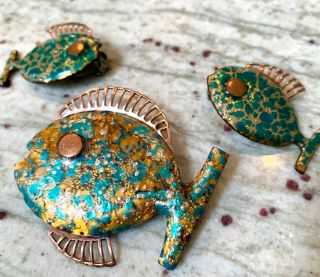Vintage Matisse Copper & Enamel Fish Brooch & Earring Set,  Book Piece