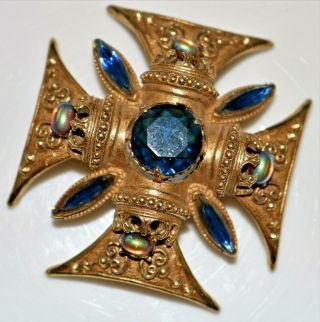 Vintage Florenza Multi Color Jeweled Art Glass Maltese Cross Brooch Pendant