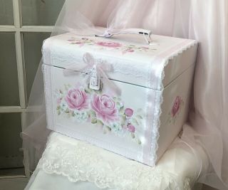Vintage Metal File Box Pink Blush Shabby Cottage Chic Hand Painted Hp Roses Art
