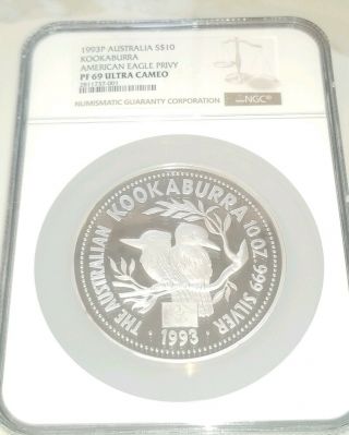Australia 1993 Eagle Privy Kookaburra 10oz Silver Ngc Proof 69 U.  C Top Pop Rare