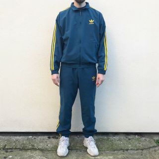 Vintage 80’s Adidas Tracksuit Green And Yellow Embroidered Mens Sportswear