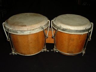 Vintage Set Lap Bongo Drums Wood Leather 6 & 7 " Heads