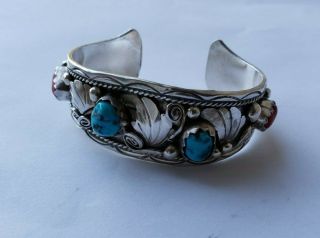 Vintage Sterling Silver Signed Robt Robert Kelly Turquoise Coral Cuff Bracelet
