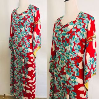 Vintage Dress Vintage Hawaiian Dress Red And Blue Floral Yellow Bell Sleeves M