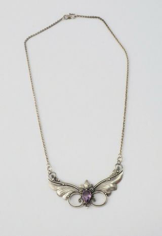 Vintage Handmade Sterling Silver Amethyst Drop Art Nouveau Ornate Wings Necklace